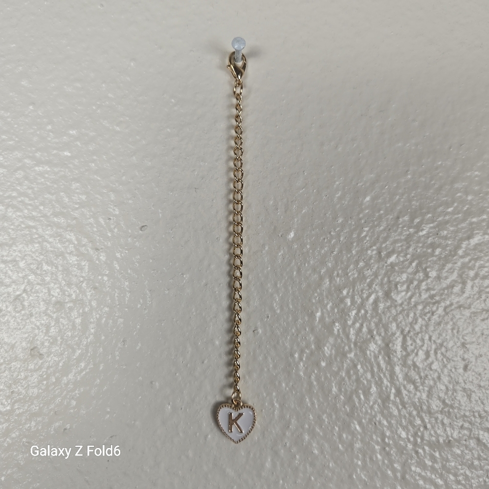 Gold-Tone Heart Charm Chain Extender – White Enamel Heart with Letter "K"